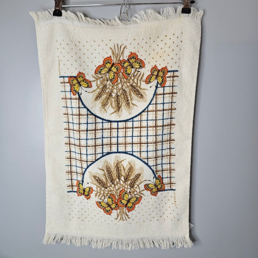 Vtg Cannon Hand Towel Washcloth Set Cream Butterfly‎ Wheat 70s Retro Made in USA